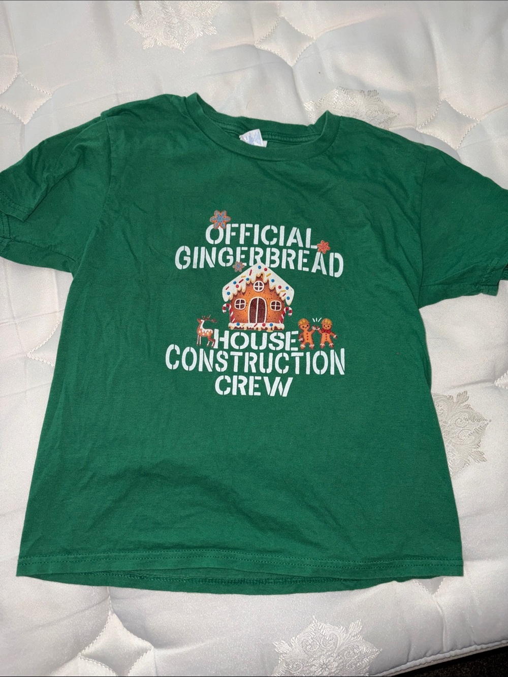 Size S Kids Green 'Official Gingerbread House Construction Crew' Holiday Tee